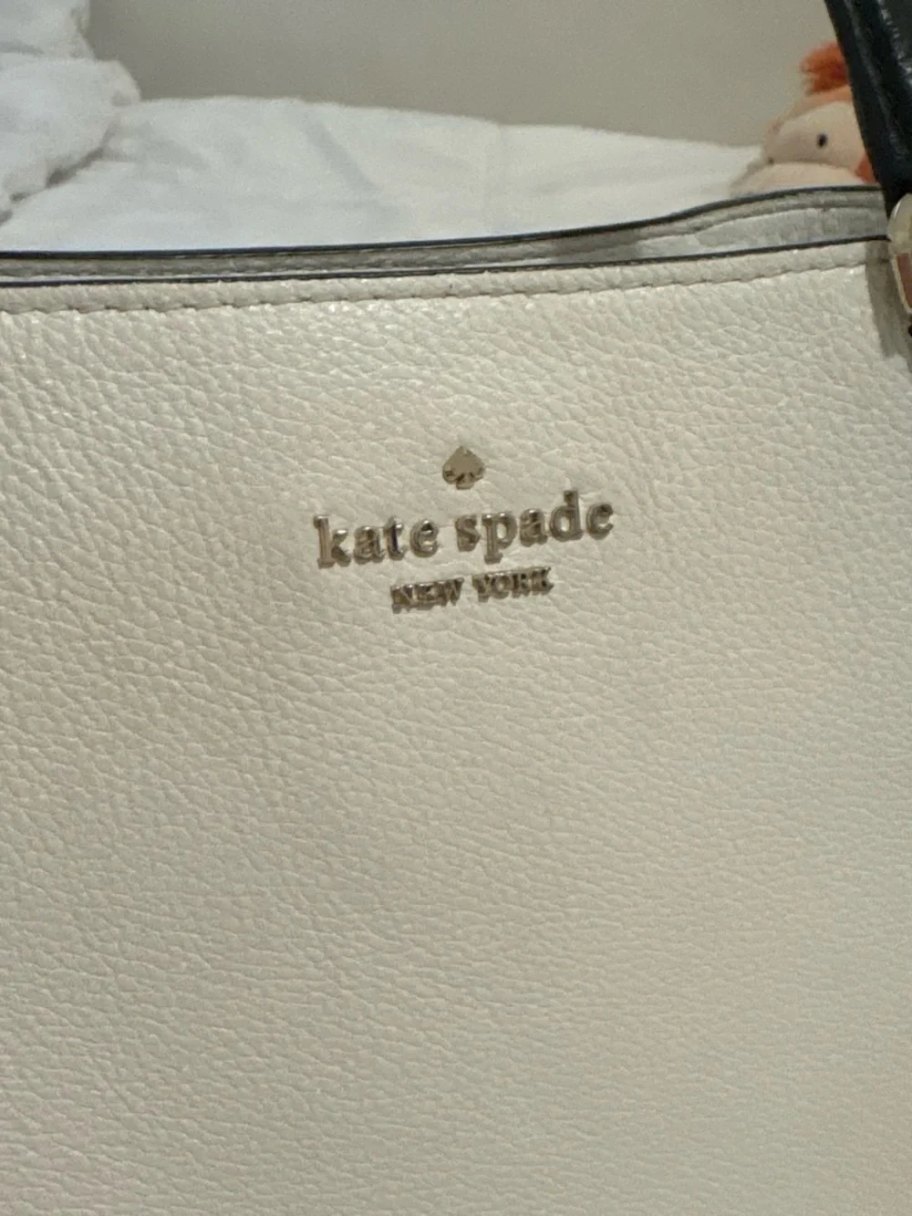 kate spade Cream & Blush Pebbled Leather Satchel with Black Handles